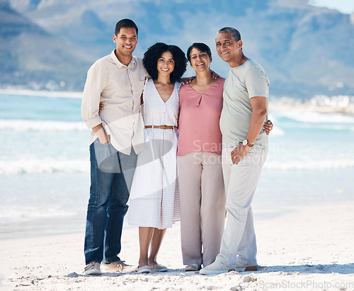 Image of Beach, portrait and happy family, men and women together with smile, love and hug on summer holiday in Mexico. Embrace, senior parents with happy adult children on ocean holiday travel in nature.