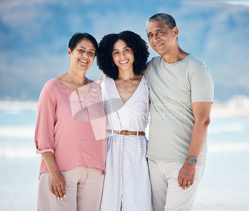 Image of Beach, portrait of senior parents and woman together with smile, love and hug on summer holiday in Mexico. Embrace, happy family and mature mom, dad and daughter on ocean holiday travel in nature.