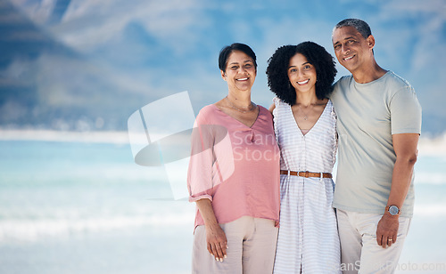Image of Beach, senior parents and daughter in beach together with smile, love and hug on summer holiday in Mexico. Embrace, happy family and mature mom, dad and woman on ocean holiday travel with mockup.
