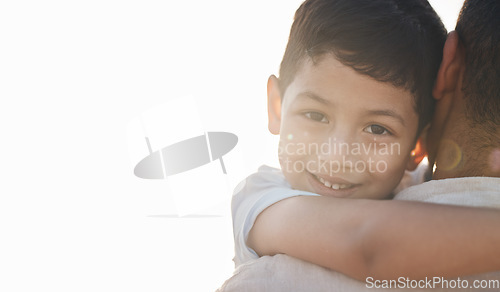 Image of Boy, father and portrait with holding, space and smile outdoor with mockup, light and lens flare in summer. Dad, young child and happy with hug, vacation or holiday in bright sunshine for bonding