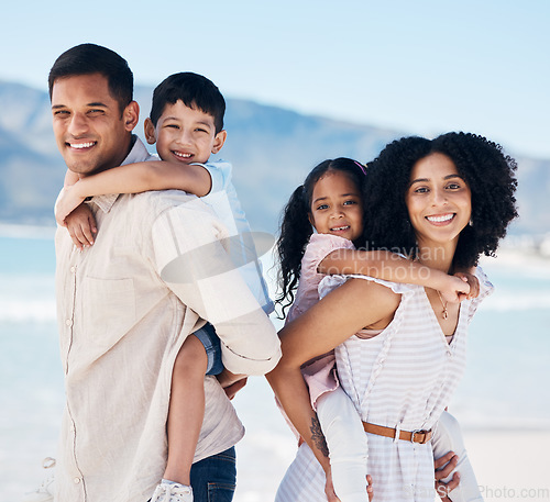 Image of Parents, children and beach portrait with piggy back, care and love with adventure, freedom or holiday in sunshine. Father, mother and daughter with son, smile or outdoor for summer vacation by ocean