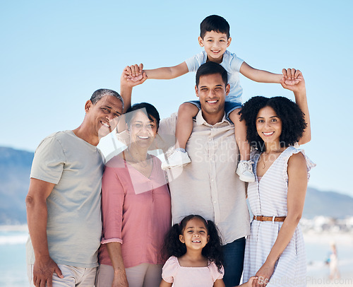 Image of Beach, big family and portrait together with smile, love and generations embrace on summer holiday in Mexico. Happy parents, grandparents and children on ocean holiday travel in nature with blue sky.