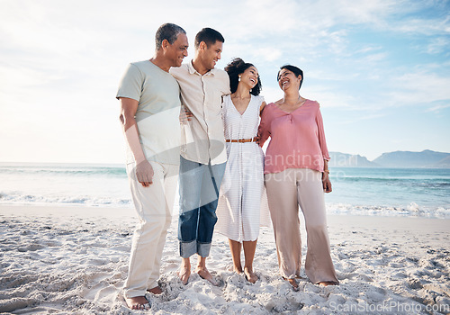 Image of Beach, senior parents and happy family together with smile, love and hug on summer holiday in Mexico. Embrace, support on walk and mature mom, dad and adult children on ocean holiday travel in nature