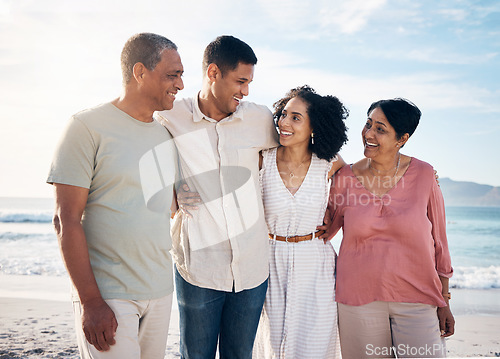 Image of Ocean, senior parents with men and women together with smile, love and hug on summer holiday in Mexico. Embrace, happy family support and mature mom, dad and children on ocean holiday travel walk.