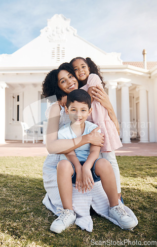 Image of Portrait, love and children with a family in the backyard of their home together during summer. Smile, happy mother and real estate on the lawn in the garden of their new house for trust or care