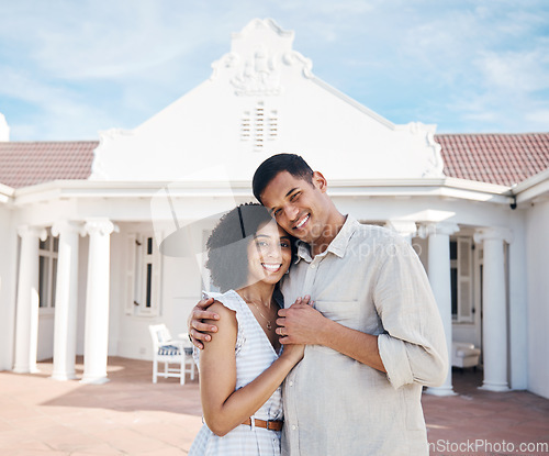 Image of New home, happy and portrait of couple hug for house, property and real estate investment. Homeowner, marriage and man and woman embrace for care, trust and excited for purchase, buying and mortgage