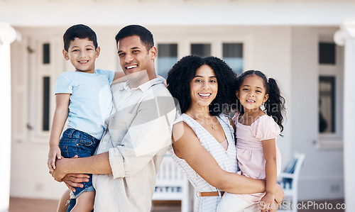 Image of New home, parents and portrait of children for house, property mortgage and real estate investment. Homeowner, happy family and mother, father and kids excited for moving day, relocation and rental