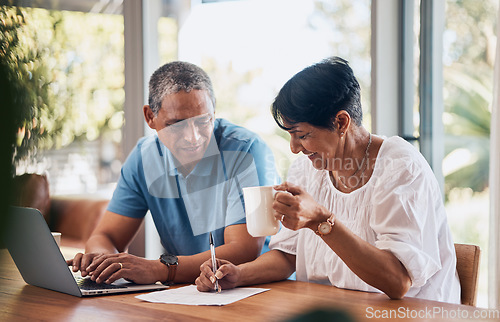 Image of Senior couple, documents and planning for home, investment or budget, retirement or pension on laptop. Elderly woman and man signature on paper for asset management, loan agreement or life insurance