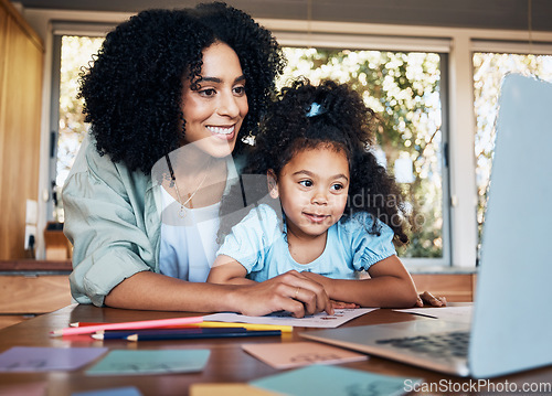 Image of Online class, laptop and child with mom in kitchen, help learning and education in home school. Elearning, study or writing, mother and daughter with homework in house in virtual kindergarten project