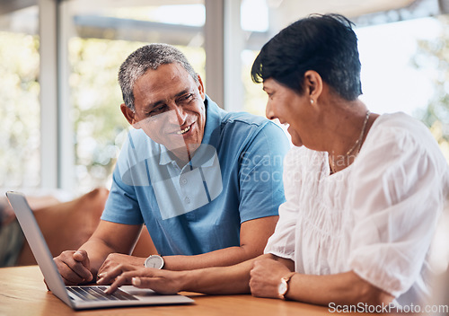 Image of Senior couple, home and laptop for planning finance, retirement funding and investment or asset management. Elderly people, man and woman typing on computer for information or pension FAQ on website