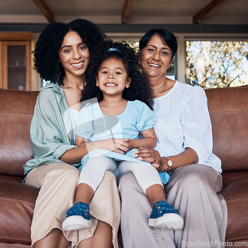 Image of Love, portrait and happy family generation of child, mother and grandmother relax, connect and smile on living room sofa. Happiness, wellness and sitting kid, mom and grandma bonding in Mexican home