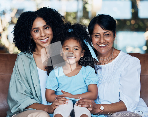 Image of Grandma, mother and daughter on couch, portrait and smile with care, love and bonding in family house. Mom, grandmother and kid with generations, embrace and happy for memory, living room and home