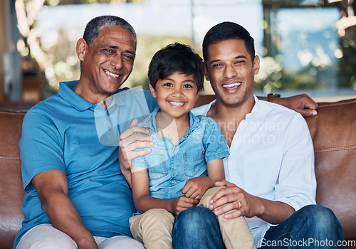 Image of Grandfather, dad and son on sofa, portrait and smile with care, love and bonding in family home. Father, senior man and child with generations, embrace and happy for memory, living room and house