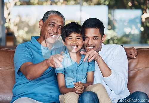 Image of Grandpa, father and boy on sofa, portrait and smile with care, love and bonding in family home. Dad, senior man and male child with generations, embrace and happy for memory, living room and pointing