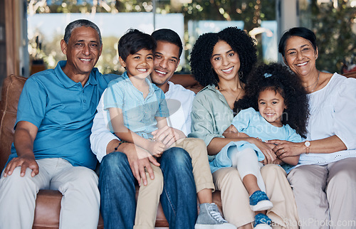 Image of Smile, portrait and relax with big family on sofa for happy, bonding and peace. Love, generations and grandparents with parents and children in living room at home for vacation, cuddle and embrace