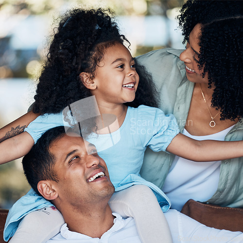 Image of Smile, love and family child, parents and having fun, connect and living room people care for young girl. Happiness, shoulder carry and excited kid, mother, and father playing, happy and bond at home