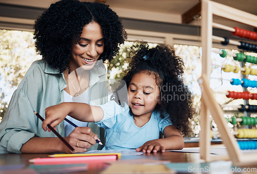 Image of Happy, writing and a mother with a child for homework, education support and together for teaching. Smile, family and a young mom with a girl kid for drawing, school project or studying in a house