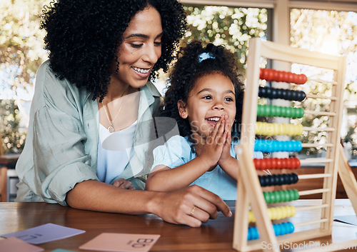 Image of Learning abacus, mother and kid excited for mathematics study, home school project or child development success. Education knowledge, love or proud woman, mama or tutor help, support or teaching girl