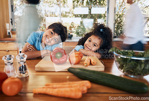 Image of Cooking, health and portrait of children in kitchen for learning, food and nutrition. Wellness, support and vegetable with family and helping at home for meal prep, support and dinner together