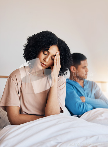 Image of Frustrated couple, fight and headache in divorce, argument or disagreement from conflict or dispute at home. Upset woman and man in breakup, cheating affair or toxic relationship in bedroom at house