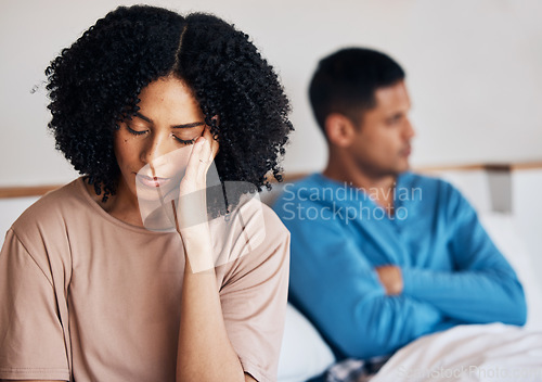 Image of Frustrated couple, fight and headache in conflict, divorce or argument from disagreement or dispute at home. Upset woman and man in breakup, cheating affair or toxic relationship in bedroom at house