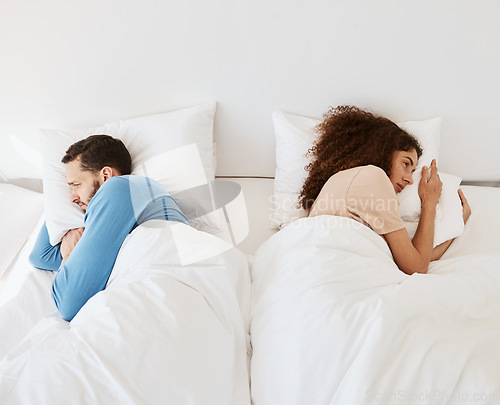 Image of Divorce, angry and couple ignore in bed after fight, argument or dispute in their home from above. Marriage, stress and top view of frustrated man and woman in a bedroom with crisis, fail or conflict