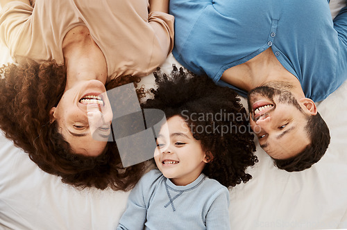 Image of Bedroom top view, kid and happy family love, bond and enjoy wellness, rest or quality time with mama, papa or parents. Home bed, morning closeup and face of mom, dad and young child relax on mattress