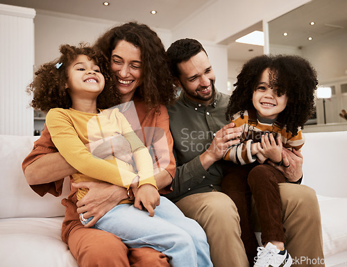 Image of Happy parents, laugh and family child, mother and father excited, having fun and enjoy funny quality time together. Comedy humour, home and relax mom, dad or people playing with kids on lounge couch