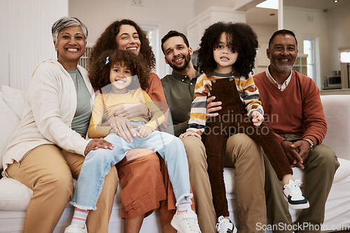 Image of Happiness, home portrait and big family children, parents and grandparents smile, relax and enjoy quality time together. Happy reunion, support trust and care for young kids on living room couch