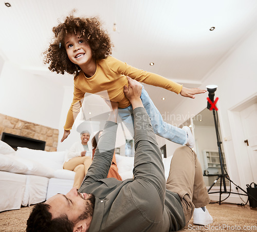 Image of Dad, kid and airplane game on floor in home living room, bonding and love with care, relax and smile. Father, child and lift for plane, playing or happy on lounge carpet, apartment or family house