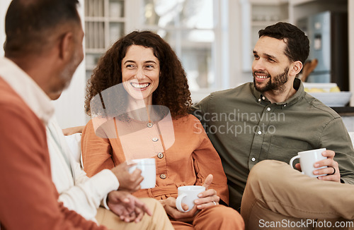 Image of Couple, senior parents and coffee in home, relax and happy with conversation, love and bonding in living room. Men, women and chat with matcha, espresso or tea for care, lounge couch and family house