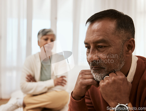 Image of Stress, divorce and senior couple on sofa ignore, argue and mistake, problem or issue in their home. Marriage, conflict and frustrated old woman with man in living room for debt, depression or crisis