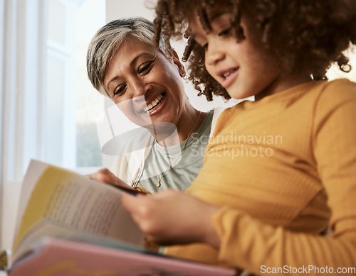 Image of Home, happy family grandmother and child reading book, study kindergarten storybook and old woman babysitting grandchild. Love, happiness and grandma support, care and helping kid with home education