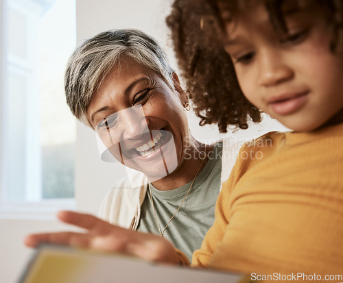 Image of Happy family face, grandmother and child reading book, homework and bonding with babysitting senior woman. Knowledge, happiness and grandma storytelling, care and support youth kid with home learning