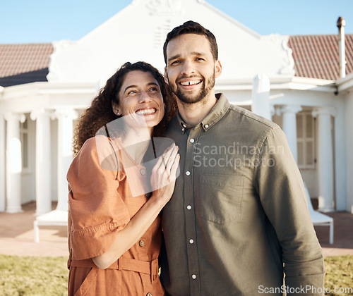 Image of Portrait, couple and hug outdoor of new house, real estate and happy for moving to residential property. Man, woman and homeowner smile in garden for investment, mortgage loan and dream neighborhood