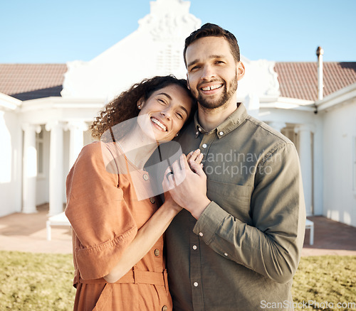 Image of Happy couple, portrait and hug outdoor of new house, real estate and moving to rent residential property. Man, woman and homeowner in backyard for loan investment, mortgage finance and neighborhood
