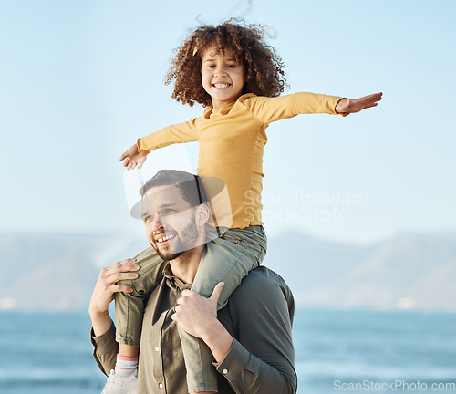 Image of Dad, child and piggyback, freedom at beach with bonding and kid on shoulders, fun and games together. Man, young girl and playful, summer and smile with love and adventure, parenting and childhood