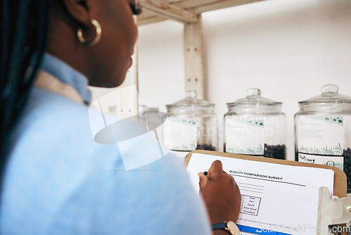 Image of Quality control, woman and paperwork for a survey of food, fruit and produce in store. Notes, female person hands and back with checklist inspection, maintenance document and retail shop monitoring