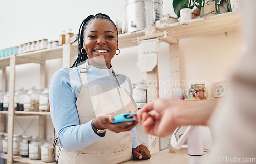 Image of Sustainable store, woman cashier and credit card with shop and electronic transaction with small business. Worker smile, entrepreneur and happy African person with retail employee and shopping pay