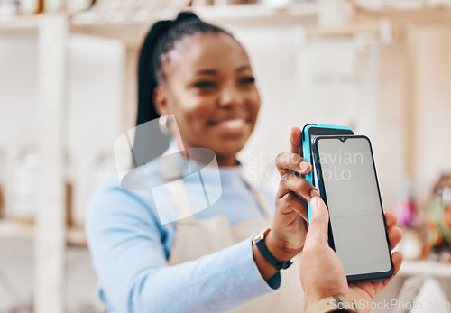 Image of Fintech, black woman and payment with smartphone screen, finance or service with cashless transaction. Business, shop assistant or cashier with machine, cellphone or technology with service or buying