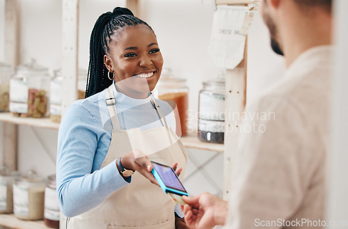 Image of Sustainable shop, woman payment and credit card with store and electronic transaction with small business. Worker smile, entrepreneur and happy African person with retail employee and shopping pay