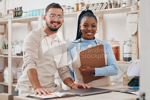Image of Grocery store, staff portrait and inventory checklist for a sustainable small business. Workers, job notes and retail management planning in eco friendly and fair trade shop with happy employees