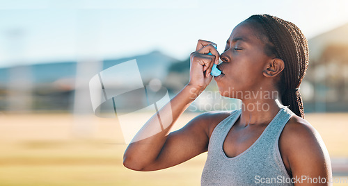 Image of Fitness, breathe and black woman with asthma, inhaler or pump at sports court for training with lung problem. Exercise, deep breath and lady runner with medical relief from allergy respiratory issue
