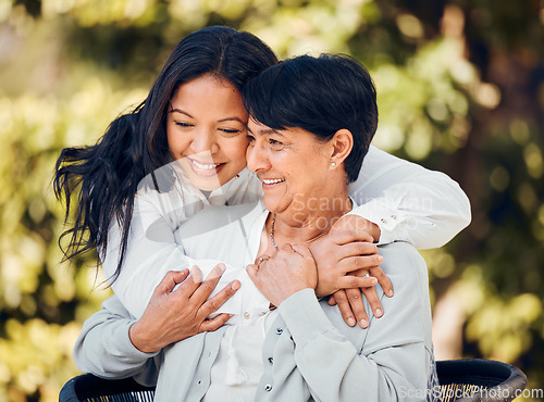 Image of Woman, hug and mature mother in garden with love on mothers day or women bonding with care for mom in retirement. Happy, family and embrace outdoor, backyard or together on holiday or vacation
