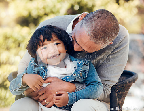 Image of Boy, hug and bonding with senior man in park for fun, support and summer break in nature. Kid, happy or excited child with grandfather on garden bench for love, trust and together in backyard embrace