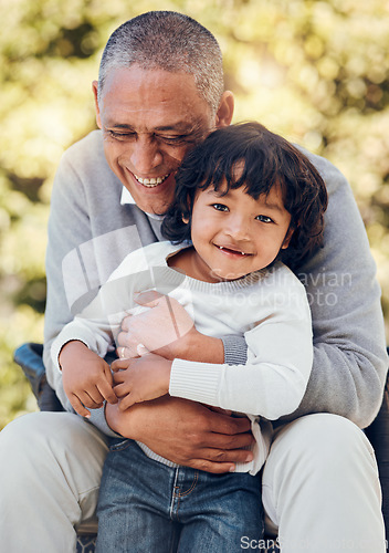 Image of Boy, hug and portrait with senior man in park in support, summer break and Mexican nature. Kid, happy or child bonding with grandfather on garden bench for love, trust or together in backyard embrace