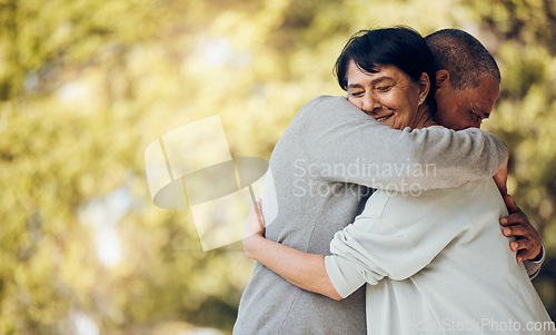 Image of Hug, outdoor and senior couple with love, marriage or support with romance, relax or relationship. Relationship, old man or elderly woman embrace, romantic or retirement with smile or loving together