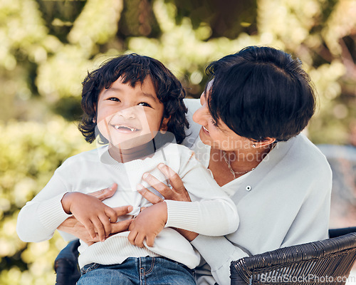 Image of Boy, hug and mature woman in park for bonding, support and summer break in Mexico nature. Kid, happy or excited child with grandmother on garden bench for love, trust and together in backyard embrace