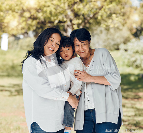 Image of Portrait of woman, mother or child in garden with love or care on mothers day or women bonding. Retirement, smile or mom in park together on a happy family holiday vacation with kid or grandma