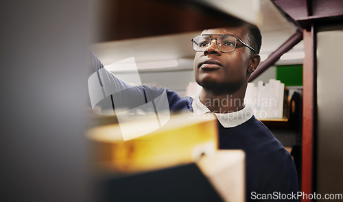 Image of Knowledge, research and black man in a library search and learning on campus for studying and education in college. Smart, clever and young person in an academy with books on a shelf for an exam